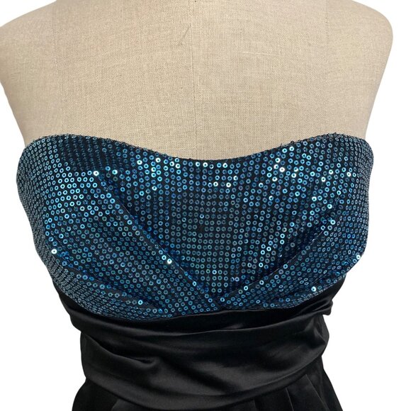 Ruby Rox Strapless Black Satin Mini Dress W/ Blue Sequins Bust & Bow Detail - Picture 4 of 8